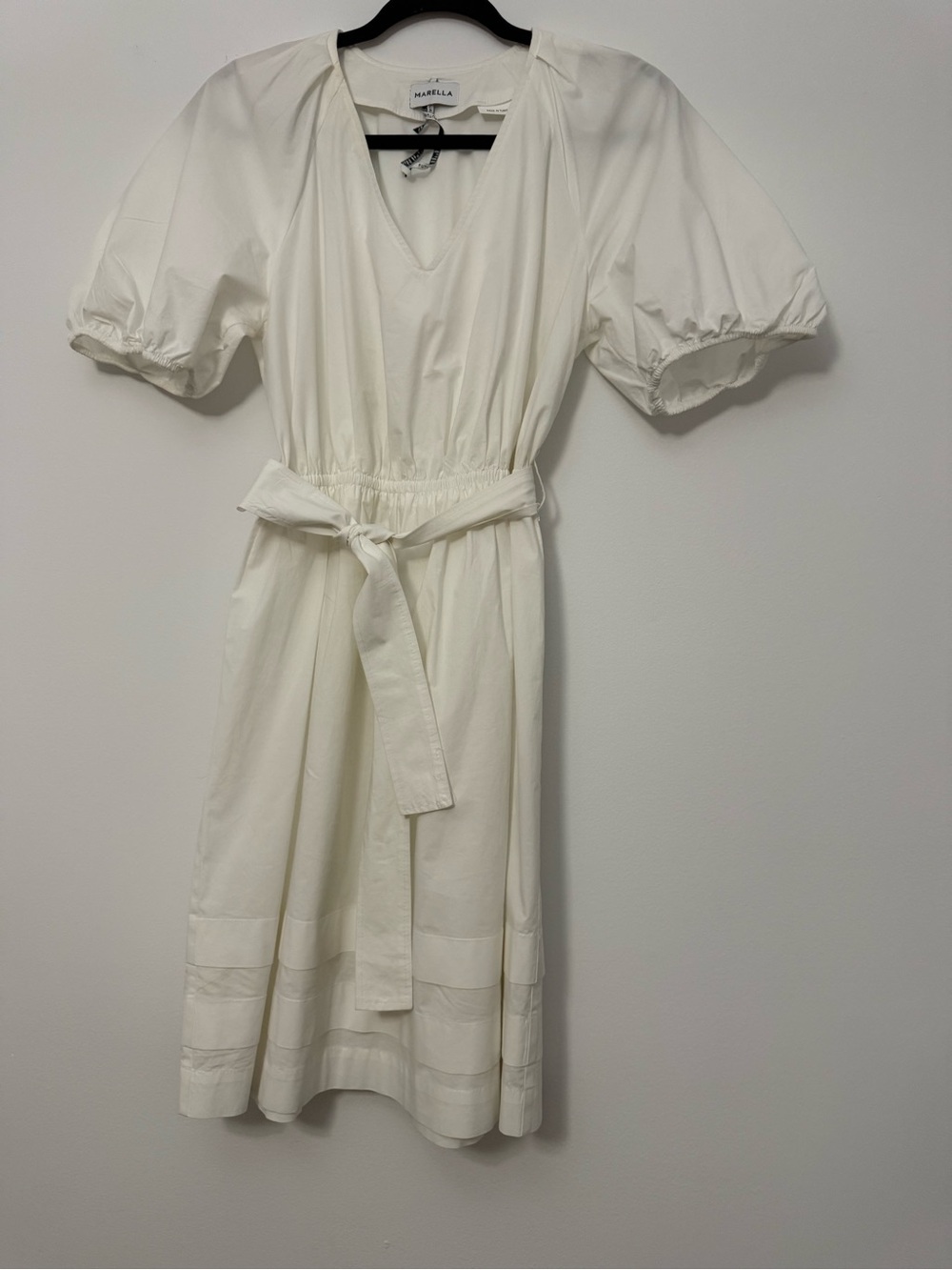 MARELLA Cream V-Neck Puff Sleeve Midi Dress with Tie Belt